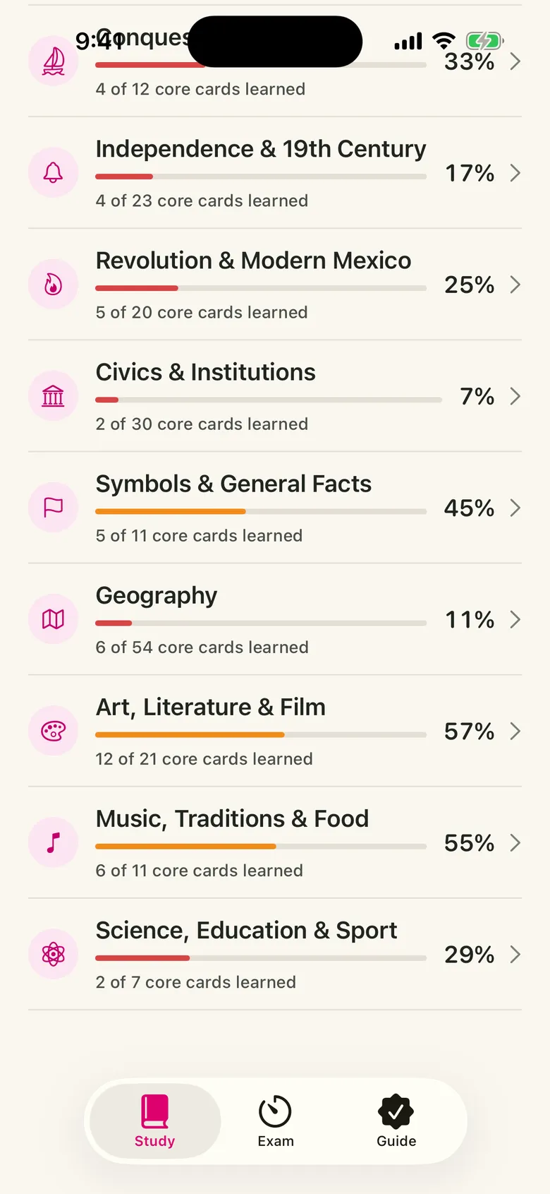 The Mexico Ready study hub showing progress by topic, with core cards learned in each